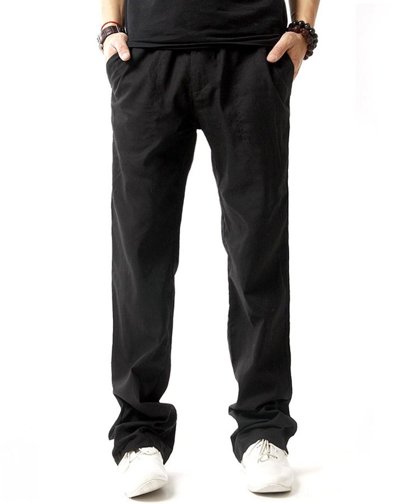 SIR7 Men's Linen Casual Lightweight Drawstrintg Elastic Waist Summer Beach Pants Black L - Image 2